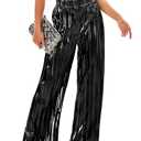 heipeiwa Women's Shiny Pleated Wide Leg Pants Party Nightout High Waist Trouser Folded Lightweight Outfit Clubwear Black Medium