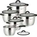 Daniks Orlando 10-Piece Stainless Steel Cookware Set with Glass Lids, Includes Saucepan, Tri-Ply Bases for Even Heating, Induction Compatible, Dishwasher Safe, Heatproof Handles