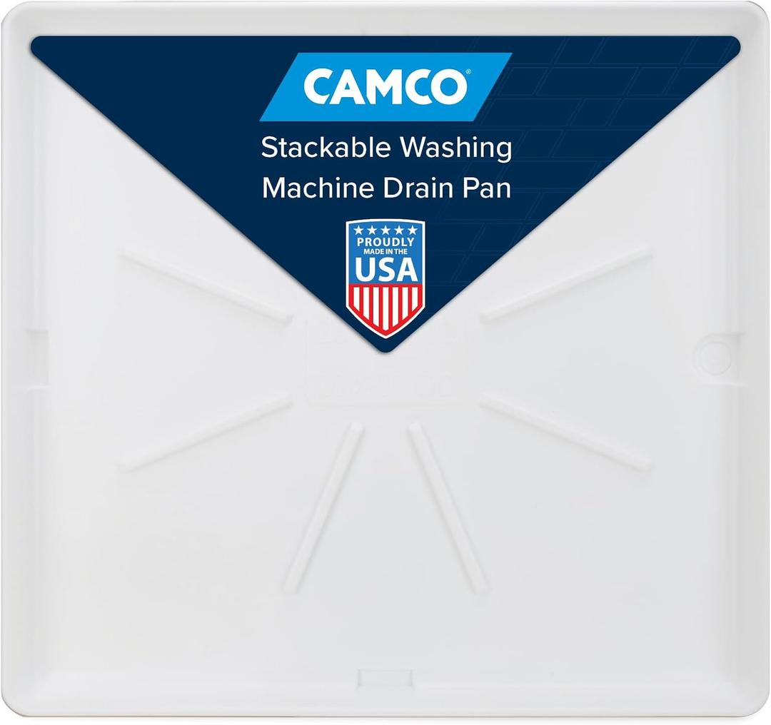 Camco Stackable Washing Machine Drain Pan - Measures 25 (L) x 27 (W) ID & 28 (L) x 30 (W) x 2 7/16 (H) OD - Great for Apartment-Sized Washers/Stackable Units - 1"/1.5" PVC Drain Fitting (21006)