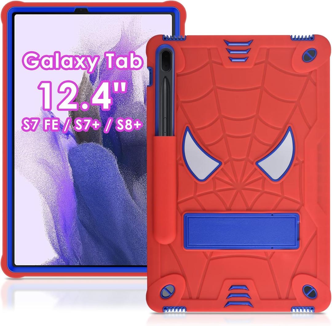 DETUOSI Case for Samsung Galaxy Tab S7 FE 5G/ S8 Plus/ S7 Plus 12.4" Tablet, Full Body Heavy Duty Kids Friendly Protective Cover with Folding Stand & Shoulder Strap for S8+ 2022/S7 FE 2021, Red+Blue