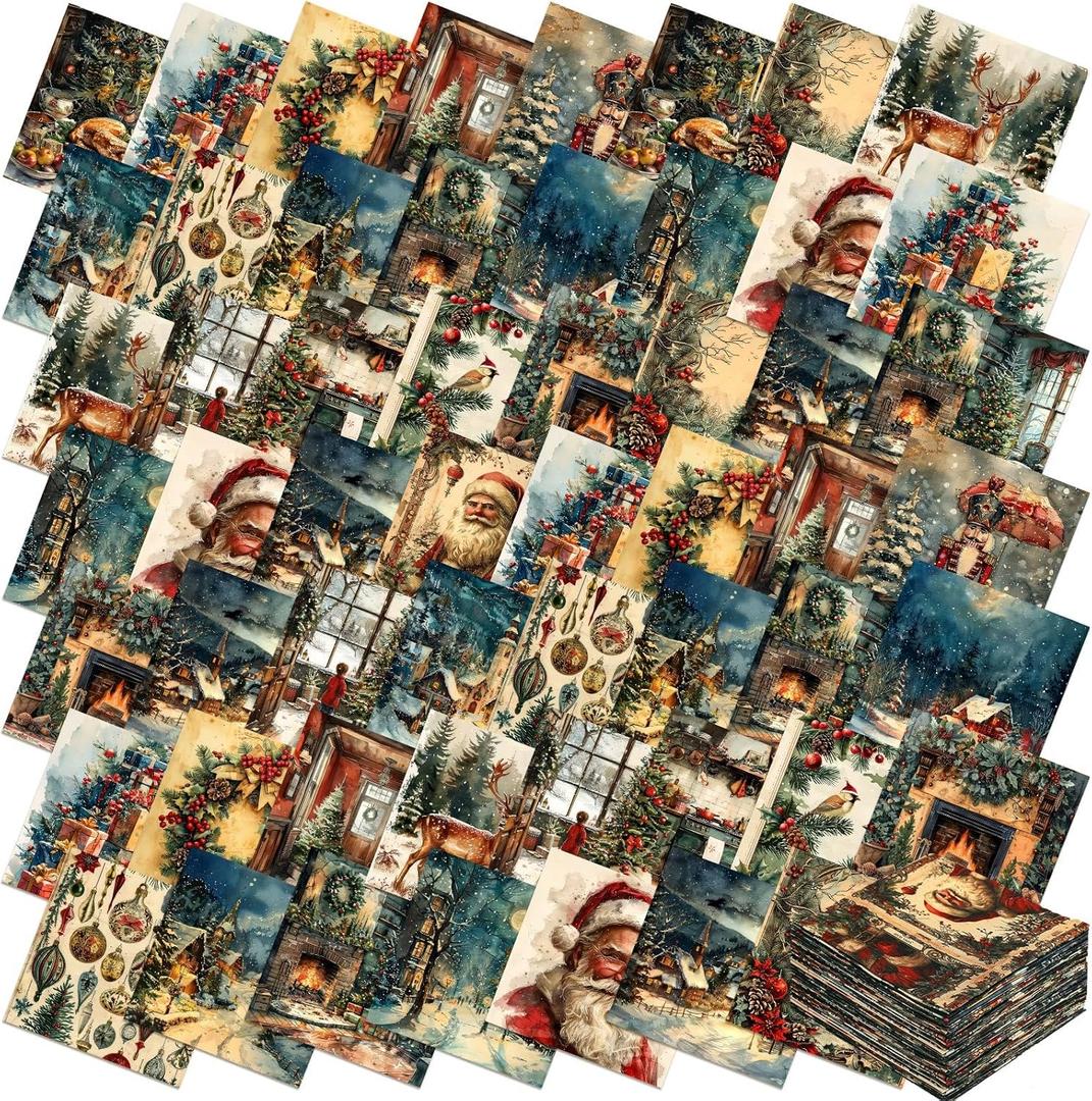 100 Pcs 5 x 5 Inch Vintage Christmas Quilting Fabric Christmas Fat Squares Patchwork Strips Santa Nutcracker Reindeer Precut Fabric Bundles for Xmas Handmade DIY Craft Sewing Material