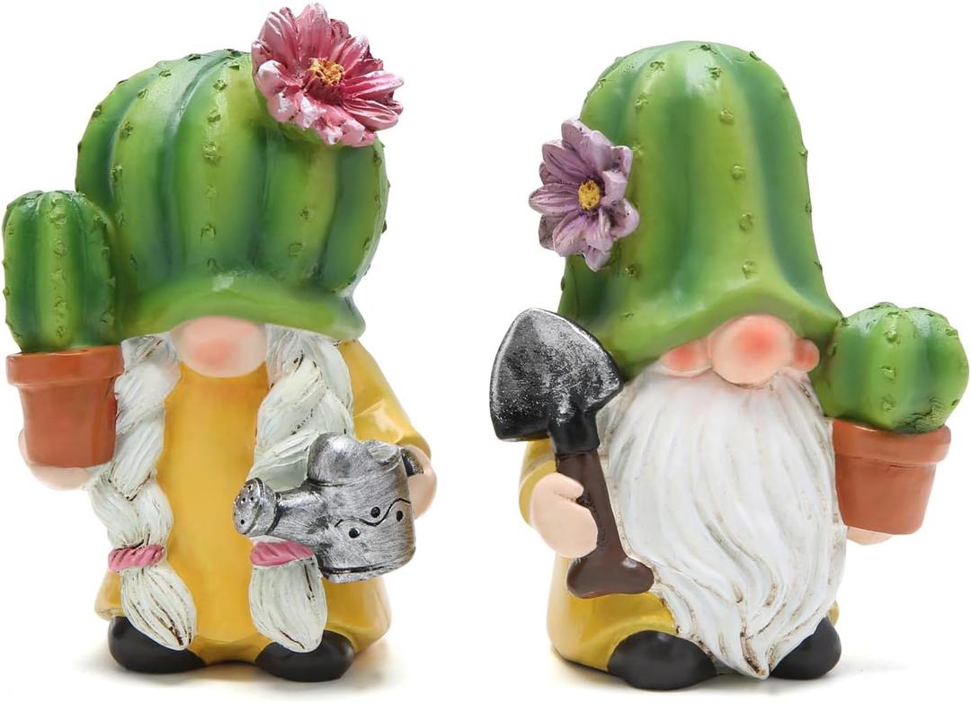 Hodao Cactus Gnome Figurines Cute Hand-Painted Resin Gnome Statues for Spring and Summer Home and Garden Decor, Patio, Windowsill and Tiered Tray Accents(4.25 inch)