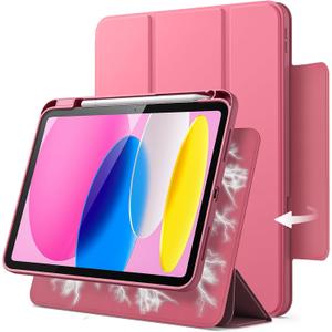 JETech Magnetic Detachable Case for iPad (A16) 11th/10th Generation (2025/2022) with Pencil Holder, Removable Rotating Clear Cover, Portrait/Landscape Stand with Raised Screen View (Pink)