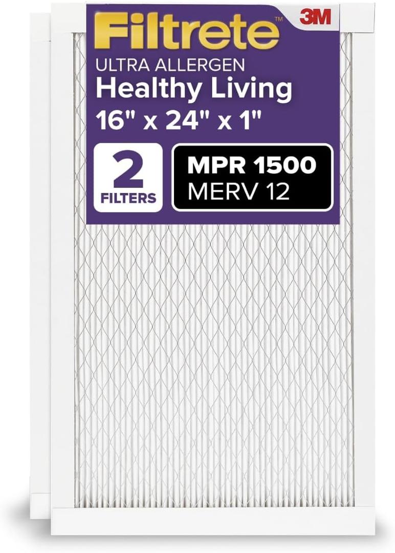 Filtrete 16x24x1 AC Furnace Air Filter, MERV 12, MPR 1500, CERTIFIED asthma & allergy friendly, 3 Month Pleated 1-Inch Electrostatic Air Cleaning Filter, 2-Pack (Actual Size 15.81x23.81x0.78 in)