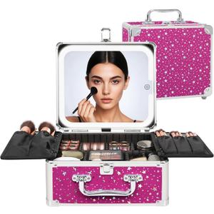 Relavel Makeup Bag with LED Mirror, Makeup Box Travel Train Case with Rechargeable Lighted Mirror, Cosmetic Brush Organizer Storage for Makeup Artists Gifts for Women and Girls, Hot Pink Shining Star (Small)