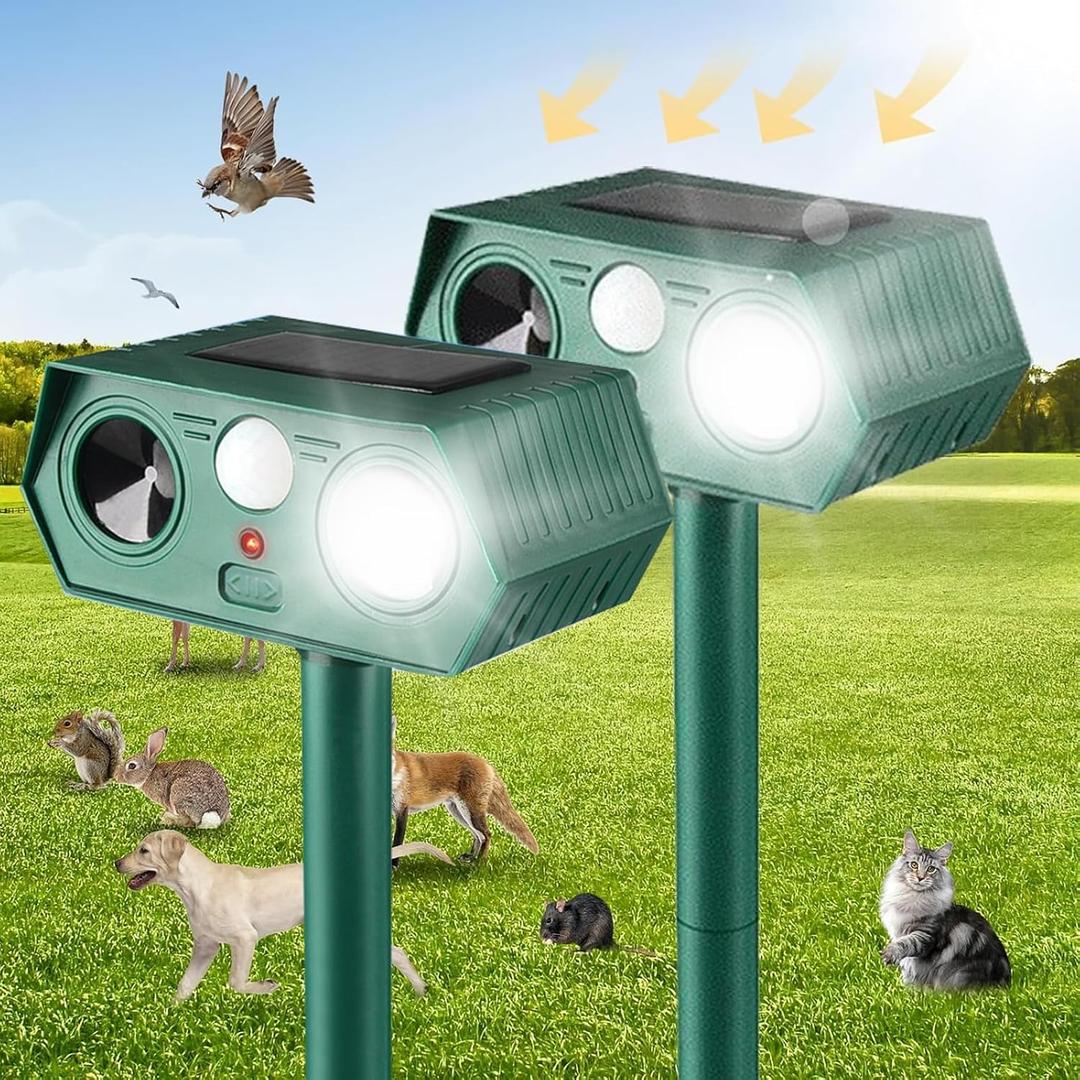 2025 Solar Animal Repellent,Upgraded Ultrasonic Cat Repellent Outdoor,Waterproof Deer Deterrent for Bird Dog Skunk,Squirrels Deterrent with Motion Detection Flash Lights for Outdoor and Yard (2 Pack)