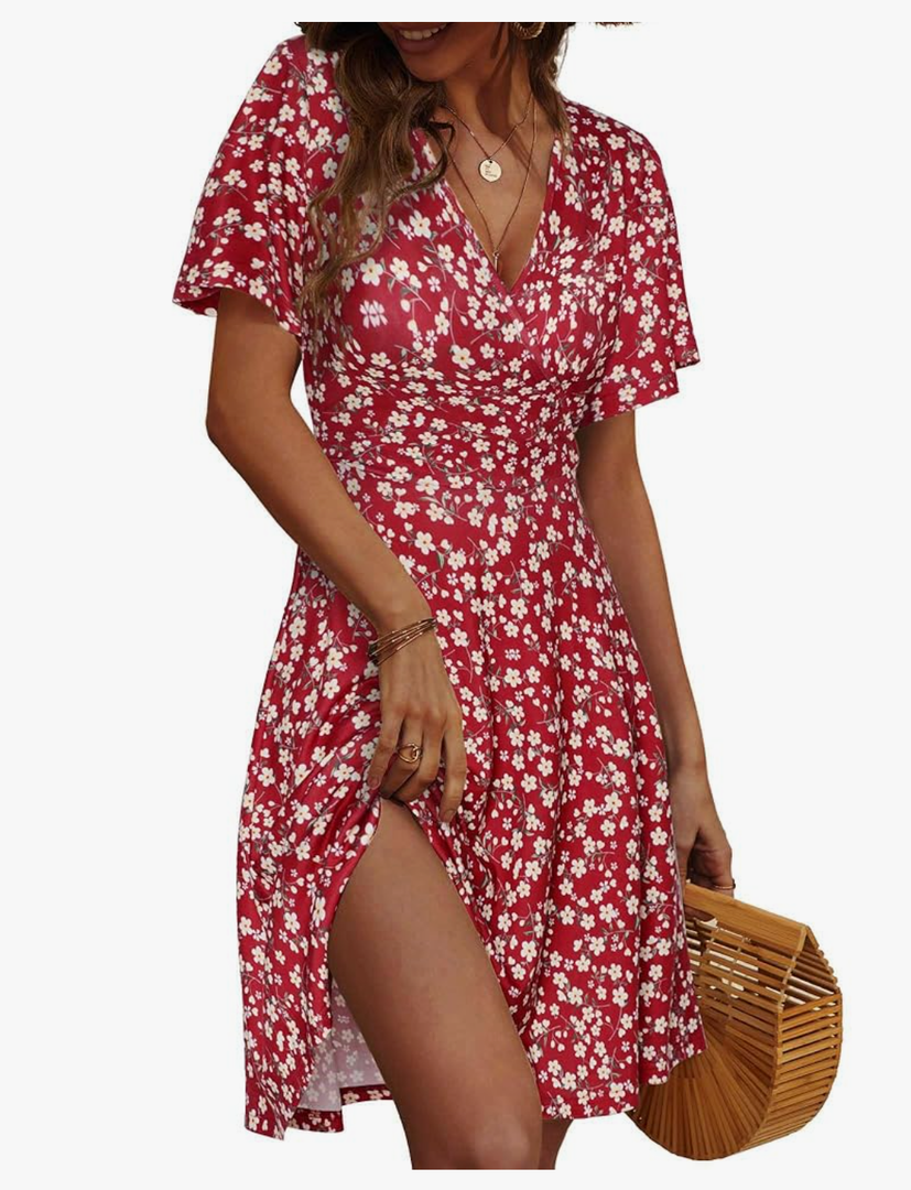 FENSACE Womens Sundress Summer Floral Short Sleeve Wrap V Neck A-Line Midi Dress M