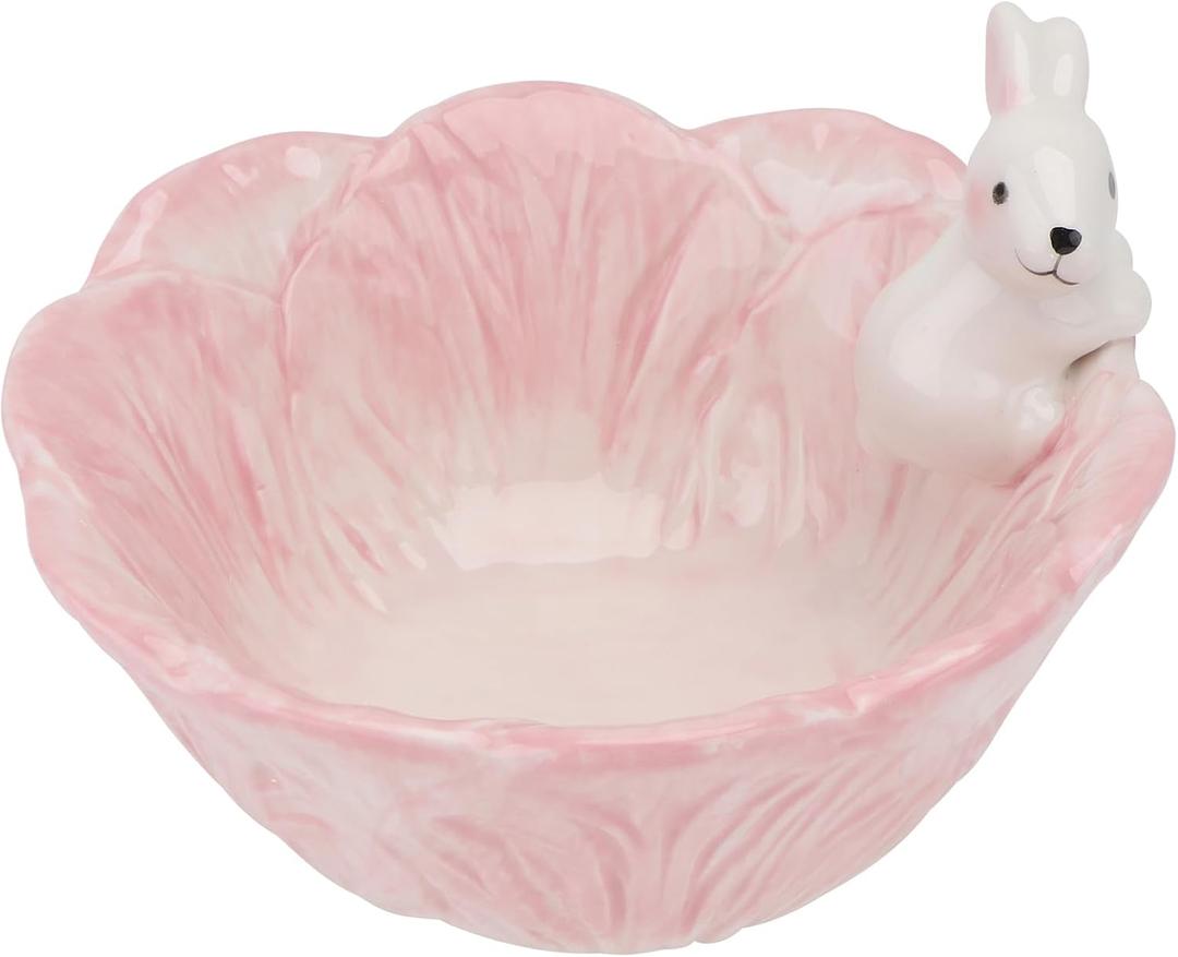 Yardwe Pink Ceramic Bunny Bowl, 5.9 Inch Cabbage Leaf Shaped Rabbit Dish for Easter Candy Dessert Snack, Cute Porcelain Animal Cereal Soup Serving Bowl for Home Kitchen Table Decoration
