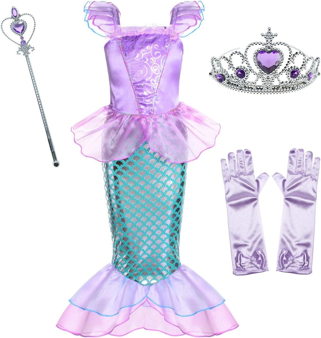 Little Girls Mermaid Princess Costume for Girls Dress Up Party with Gloves,Crown Mace 3-10 Years (4-5 Years, Purple-29)