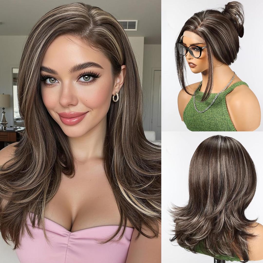 HAIRCUBE Long Wavy Wigs for Women with Partial Bangs, Heat Resistant Fibre Synthetic Lace Front Wig Brown with Highlights