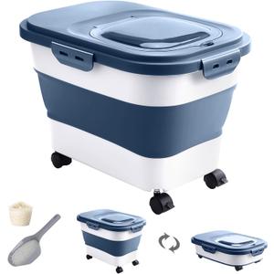 20-30 Lbs Rice Storage Container,Collapsible Food Storage Containers with Rolling Wheel Airtight Locking Lid,Flour Storage Container with Cup and Scoop,Suitable for Food,Rice,Pet Food,Flour