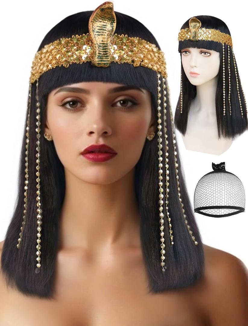 Black Cleopatra Wig with Golden Fringe for Women Short Straight Synthetic Cosplay Wigs with Bangs for Adults Egyptian Straight Bob Wigs for Halloween Costume Party Outfit + Hair Cap