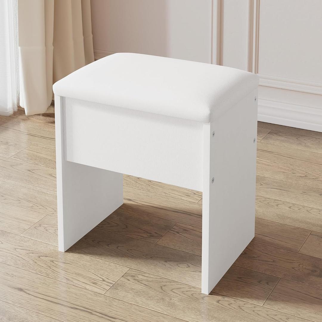 LIVELYGLOW Small Makeup Vanity Stool,15.7" W x 10.2" D x 16.7" H，White（Easy Assembly,PU Cushion Mat, Footstool）