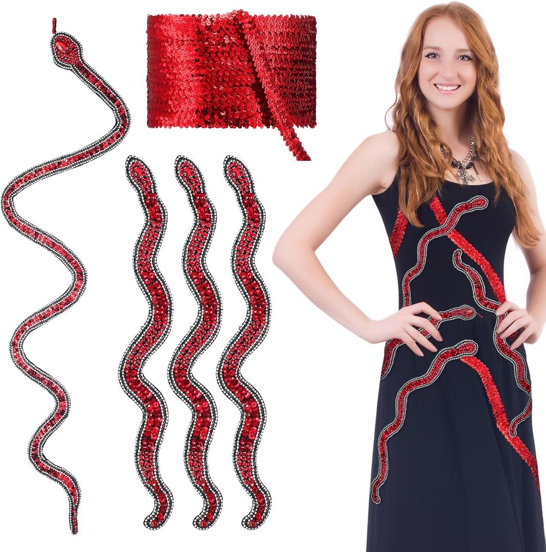 FineCheer 5 Pcs Glitter Rhinestone and Sequin Red Snake Patch Applique Decoration Ribbon Set with Elastic Sequin Ribbon Trimming for Clothing Decoration Sewing Dress Headband DIY Clothing Accessories