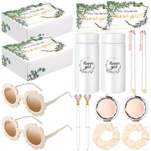 Crtiin 18 Pcs Flower Girl Gifts Wedding Proposal Box Kit from Bride Will You Be My Flower Girl Gifts Card Tumbler Daisy Necklace Sunglasses Diamond Pen Hair Ring Mirror Green Sage Wedding Party Favors