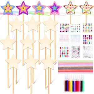 Chinco 57 Pcs Star Princess Fairy Wands Kit Make Your Own Princess DIY Art Craft Magical Wand Include 18 Star Wooden Fairy 9 Gem Stickers 20 Ribbons 10 Markers Party Supply