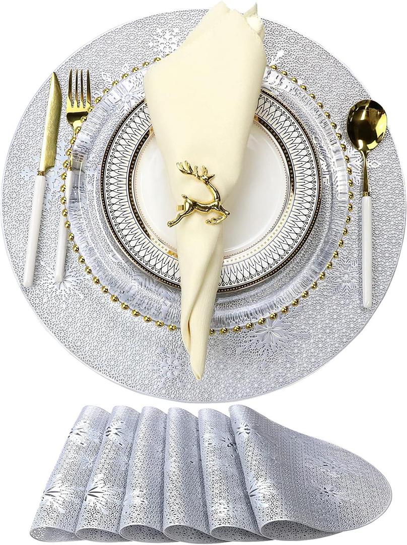 Round Silver Christmas Placemats for Dining Table Mats Set of 6 Wipeable Snowflake Placemats for Kitchen Table Plastic Soft PVC Place mats Durable Heat Resistant Non-slip Washable Table Mats 15"