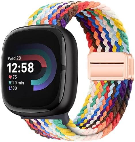 Braided Magnetic Bands Compatible with Fitbit Versa 4/Fitbit Versa 3/Sense 2/Sense 1,Soft Stretchy Elastic Nylon Sport Loop Strap for Women Men (rainbow)