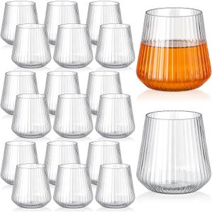 Suclain 20 Pcs Plastic Wine Glasses Ribbed Stemless Wine Glasses 14oz Vertical Design Unbreakable Cups for Outdoor Indoor Vintage Elegant Champagne Whiskey Glasses for Christmas Party Wedding (Clear)