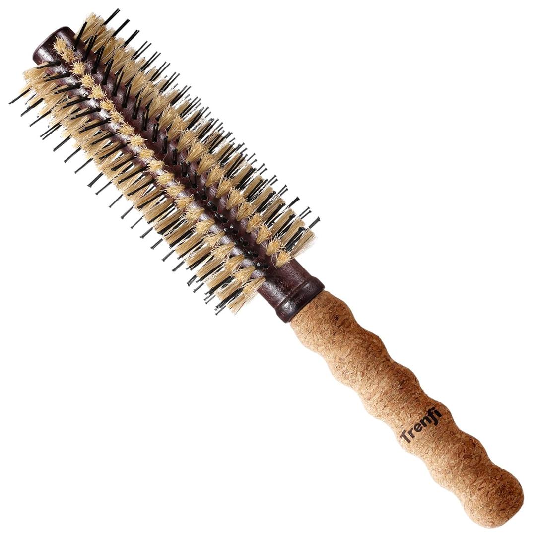 2.75" Large Round Brush for Blow Drying - Boar Bristle & Nylon Pins for Thick Long Hair -Volumizing Wooden Barrel with Cork Handle - Professional Hair Styling Tool for Women