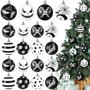 Janinka 24 Pcs Christmas Tree Ball Ornaments Set, 2.4 Inch Gothic Creepy Before Christmas Hanging Ornaments Black and White Plastic Spooky Ball for Xmas Tree Home Decor Halloween Holiday Party Supply