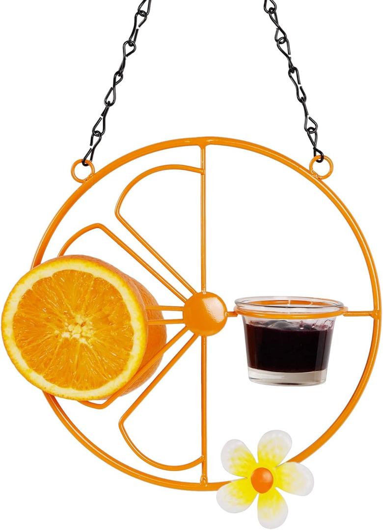 FORUP Oriole Bird Feeder for Outdoors Jelly and Oranges, Orange Fruit Oriole Jelly Bird Feeder, Outdoor Garden Metal Hanging Drinking Grape Jelly Container Hummingbird Feeder, One Pack