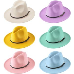 Hercicy 6 Pcs Fedora Hats for Women Men Felt Wide Brim Hats Vintage Boho Hat with Belt Buckle Panama Hat 