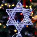Star of David Hanukkah Christmas Rattan Tree Topper with Warm White LED String, Wire Weaving, Battery Powered, 7'' Star Tree Topper for Chanukah, Diwali, Birthday, Wedding, Parties & Home