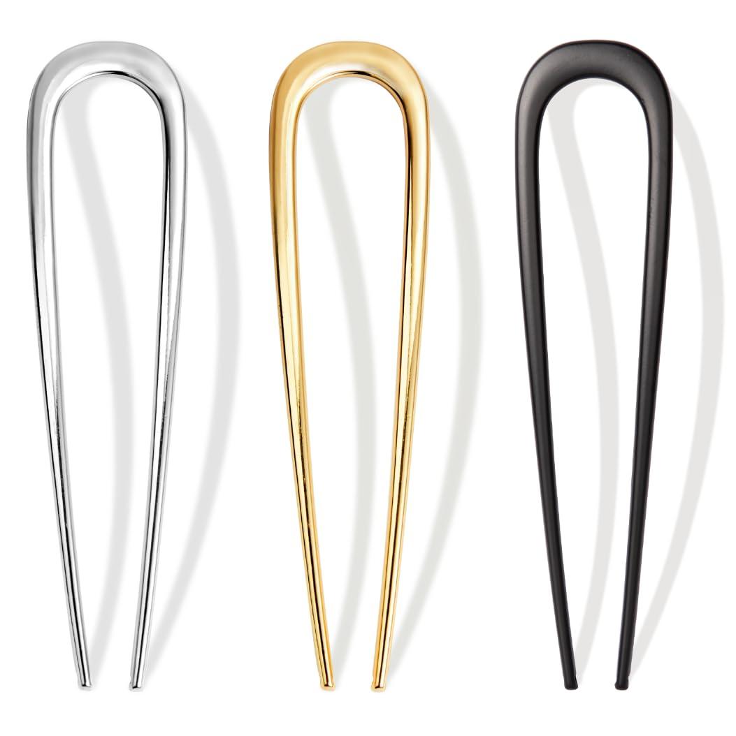 3 Pcs French Hair Pins for Women - French Twist Hair Pins for Buns, Metal Gold Hair Accessories (3 Count (Pack of 1))