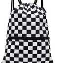 HOLYLUCK Drawstring Backpack Bag Sport Gym Sackpack (Black and White Grid)