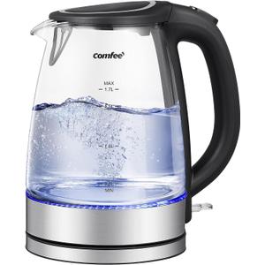 COMFEE' Glass Electric Tea Kettle & Hot Water Kettle Electric, 1.7L Electric Kettle with LED Indicator, 1500W Fast Boil, Auto Shut-Off and Boil-Dry Protection