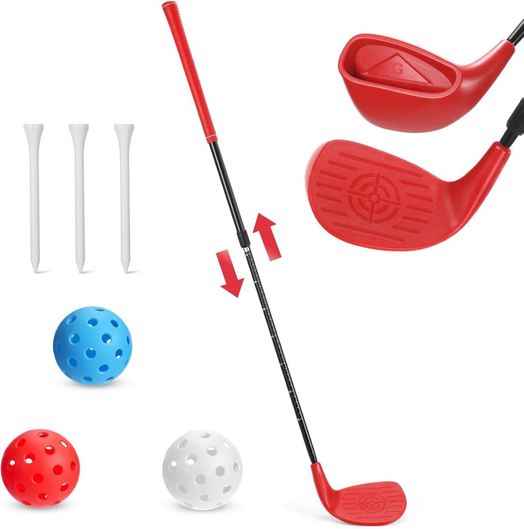 Realspring Backyard Golf Club Set Adjustable Golf Club for Backyard Game Plastic Chipping Clubs Plastic Balls Outdoor Indoor Training Practice Gift for Adults(Red,Left Hand)