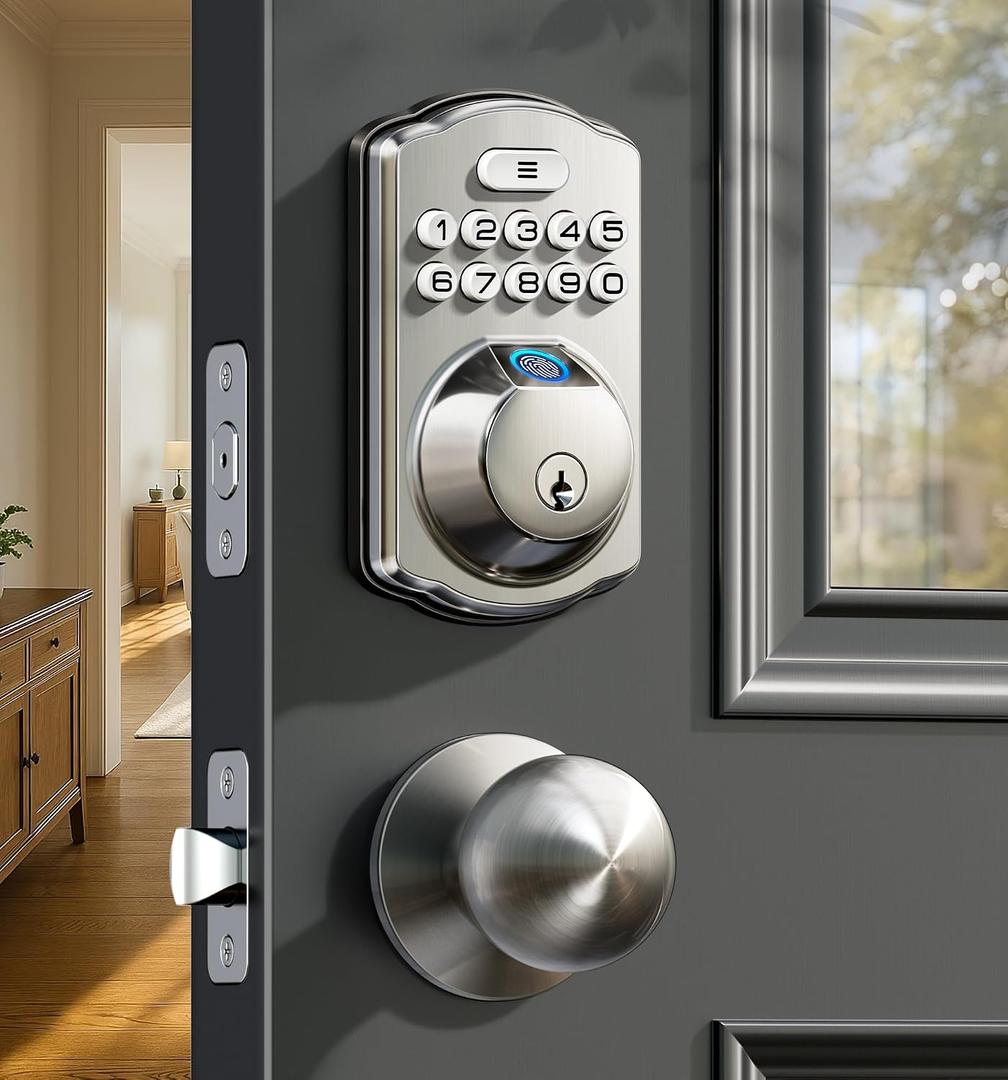 Veise Fingerprint Door Lock with 2 Knobs - Keyless Entry Door Lock with Handle, Electronic Keypad Deadbolt, Smart Front Handle Set, Auto-Locking, Waterproof, Easy Installation, Satin Nickel