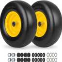 13x5.00-6 Flat Free Lawn Mower Tire and Wheel, Smooth Tread Tire for Lawnmower, Bearing Bore Hole 3/4" & 5/8, 3.25"-5.9" Centered Hub, 2 PCS