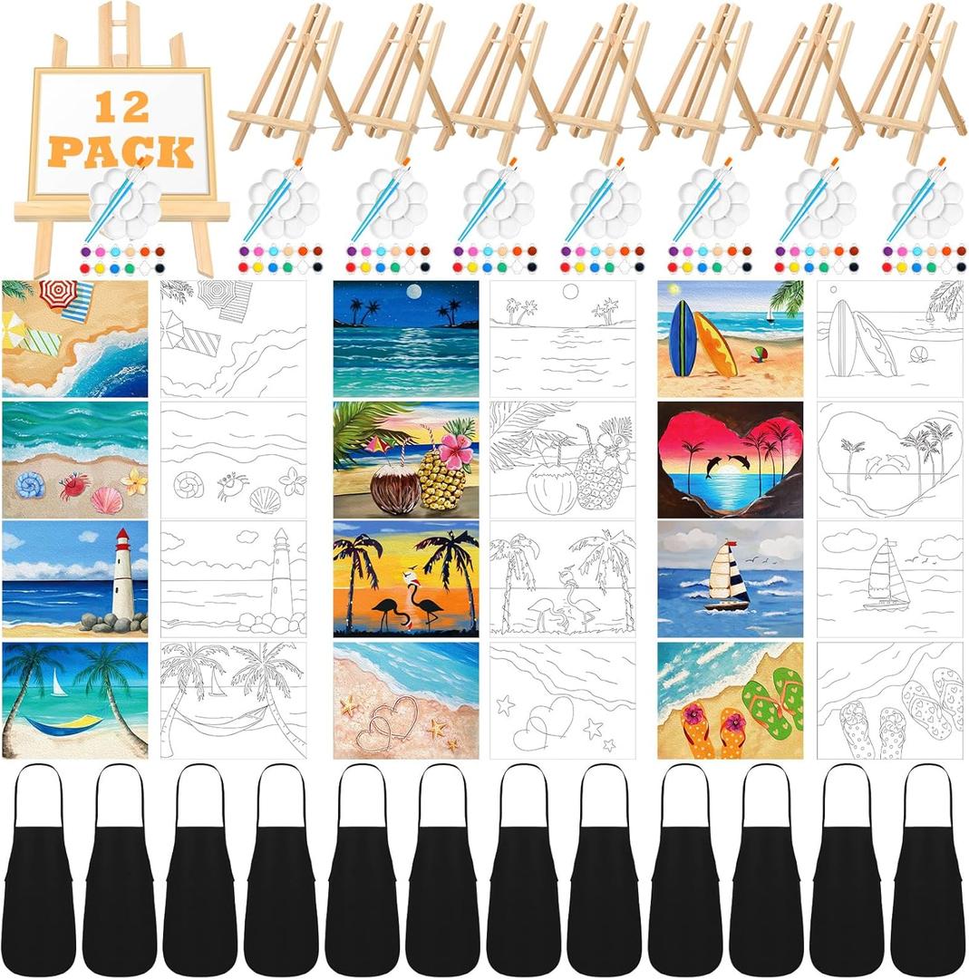 Motipuns 12 Set Pre Drawn Canvas for Painting for Adults Sip and Paint Kit with Easels 8 x 10 Inches Paint Party Kit with Printed Canvas Paints Brushes Palette Bag Apron (Beach)