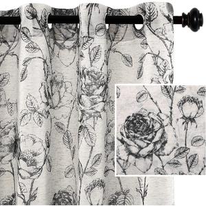 H.VERSAILTEX Boho Floral Linen Curtains, Semi Sheer Light Filtering Curtains, Drapes 84 Inch Length 2 Panels Set, Grommet Top Farmhouse Vintage Curtain, Print Pattern Treatments for Bedroom, Black