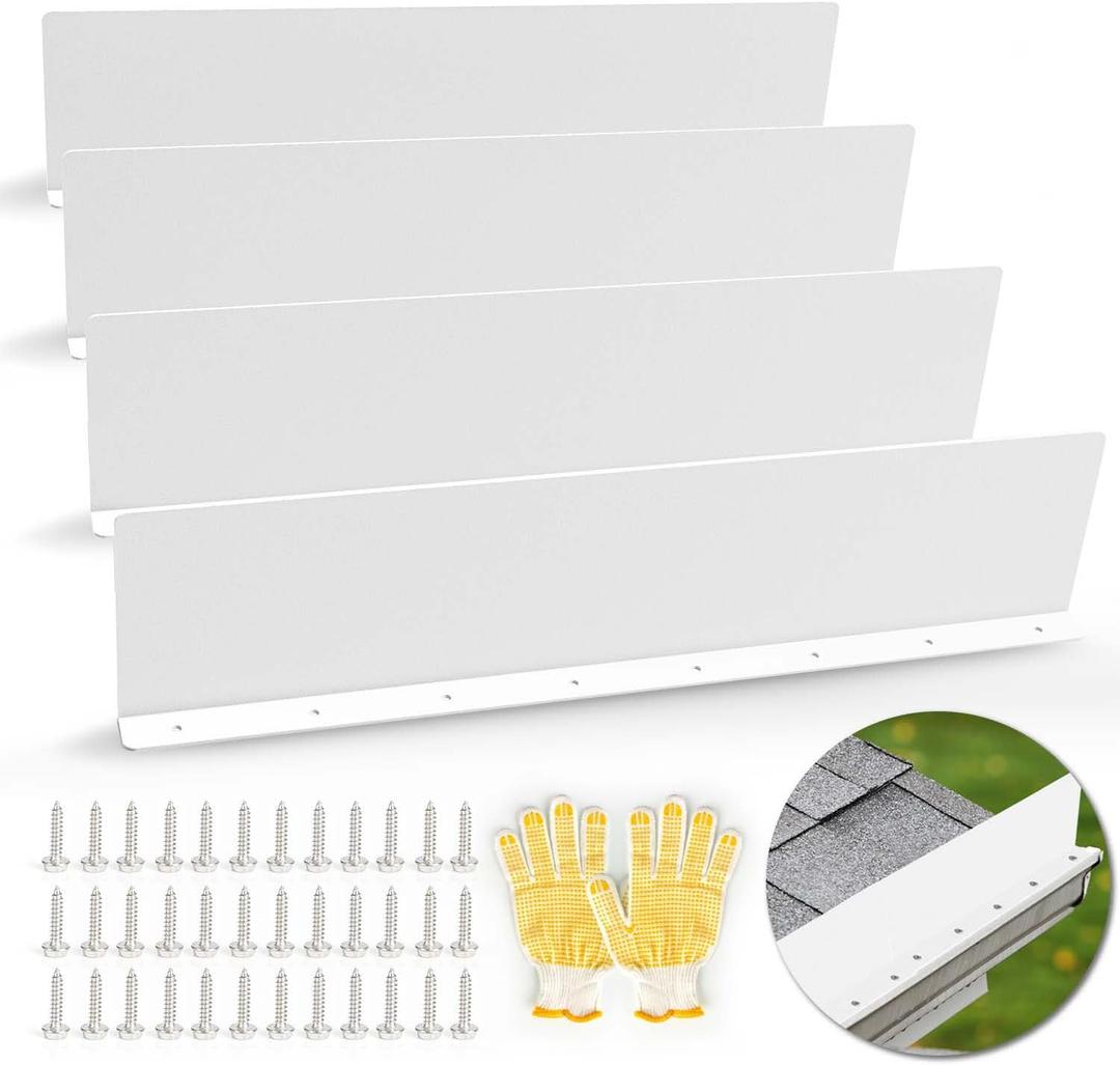 Gutter Valley Splash Guards, 15.7 x 3.5 Inch 4 Pack Gutter Guard, Aluminum Rain Gutter Guard Downspout Rain Diverter for Roof Shingle, Rain Drip Guard for Straight House (White)
