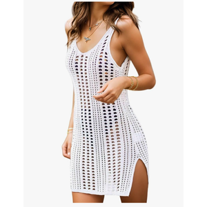 Swimsuit Coverup for Women Bathing Suit Cover ups Crochet Beach Tank Dress Hollow Out Slit Bikini Cover Up Sleeveless Dresses, M