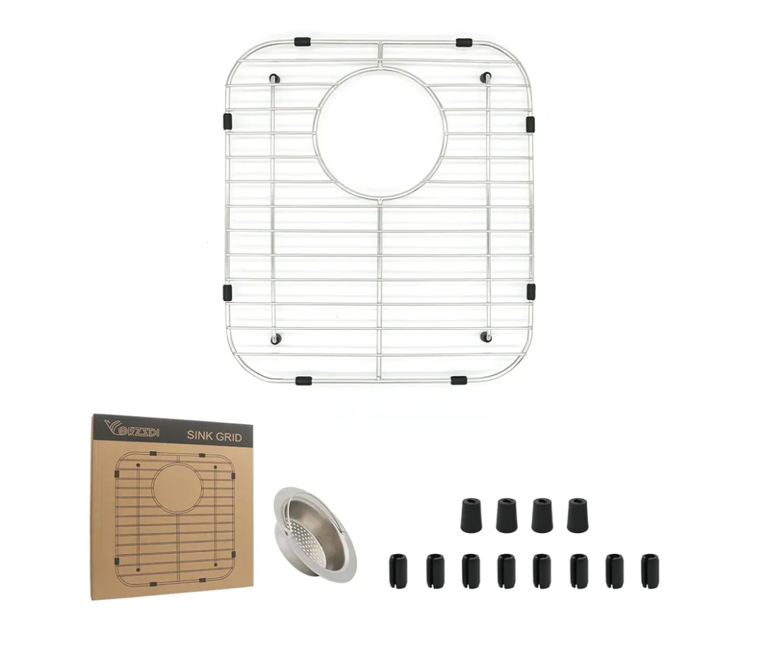 Kitchen Sink Grid 15,5"x12"  Heavy Duty Kitchen Sink Protector with Built-in Strainer & Rear Drain, Non-Slip Rubber Feet & Scratch Resistant Bottom Guard