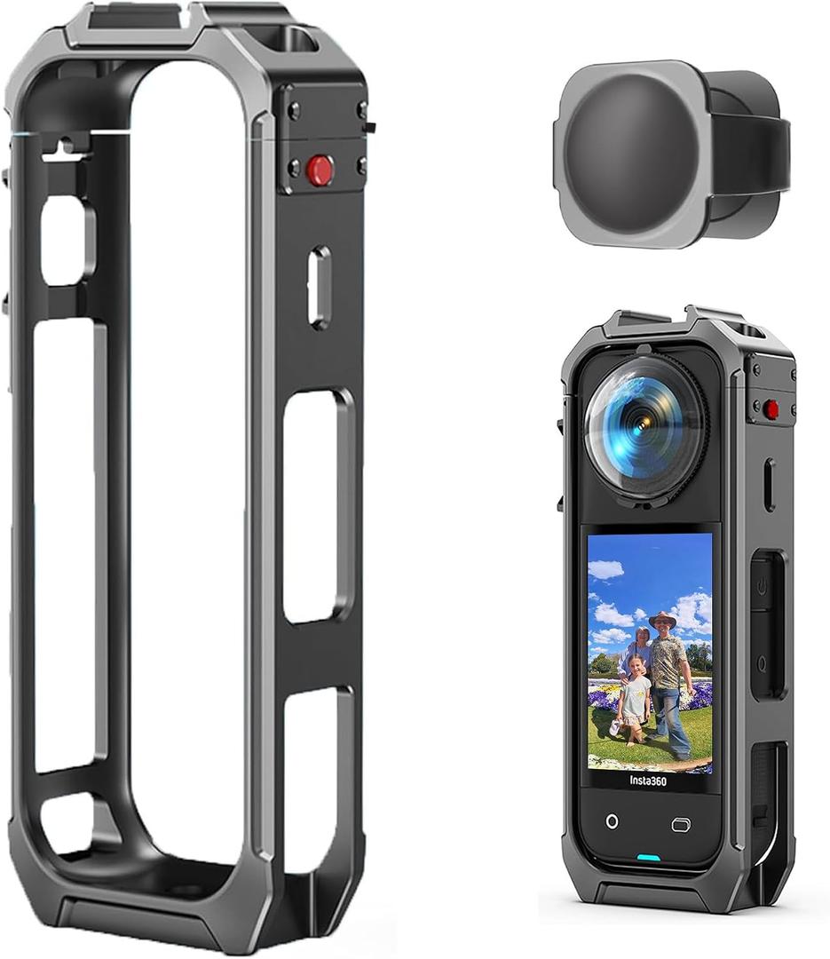 Camera Case Cage for Insta360 X5 Accessories, Aluminum Alloy Quick Release Protective Case for Insta 360 X5 with Silicone Lens Cover, Built-in Cold Shoe Mount & 1/4" Threads Utility Frame