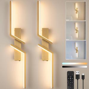 Modern Battery Operated Wall Sconce Set of Two, Wireless Wall Sconce with Remote Control, Gold Rechargeable Sconces 3000K-6500K, indoor not hardwired LED Wall Lights for Living Room, Hallway, Bedroom