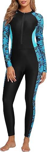 Womens Full Body Rash Guard with Built in Bra Long Sleeve One Piece Swimsuit Upf50+ Zip Front Bathing Suit, Medium, Blue Green Leaves