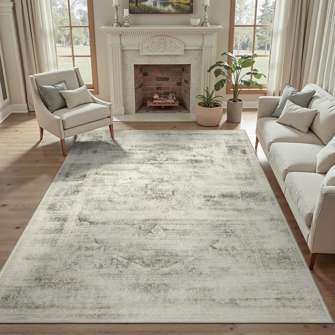 DCX 4x6 Beige Rug, Machine Washable Stain Resistant Distressed Vintage Rug, Kid & Pet Friendly with Rubber Back Non Slip Soft Low Pile Large Carpet for Living Room, Bedroom, Home Office