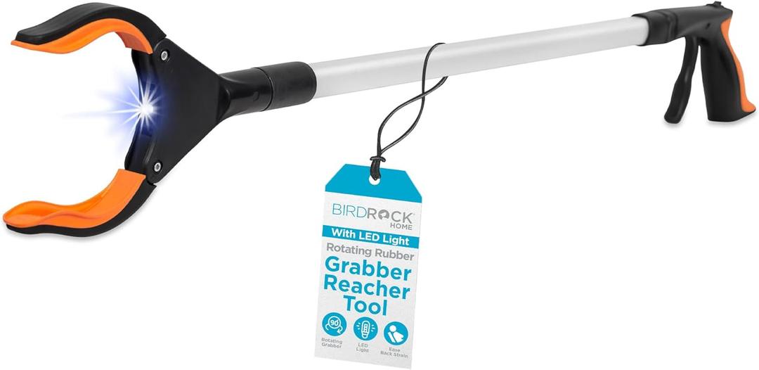 BIRDROCK HOME Grabber Reacher Tool with Long Handle and LED Light - 32 Inch Tool for Picking Up Objects - Lightweight Aluminum Design for Reaching & Grabbing Things - Handicap Aid with Rubber Grip