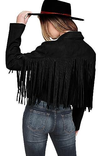 PRETTYGARDEN Women's Fringe Faux Suede Leather Jackets 2025 Fashion Tassel Motorcycle Cropped Coats (Black,X-Large)