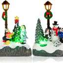 Karenhi Christmas Village Sets, 2 Pcs Snowman Tree Santa Christmas Village Scene with Figurines LED Light Xmas Accessories Tabletop Decorative Xmas Ornaments for Table Decor(Rustic Style)