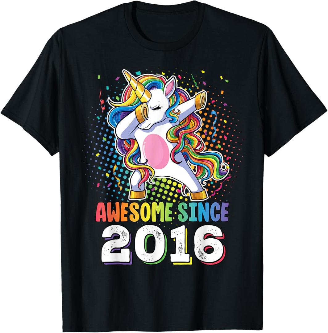 Awesome Since 2016 Girls Boys Dabbing Unicorn Birthday T-Shirt