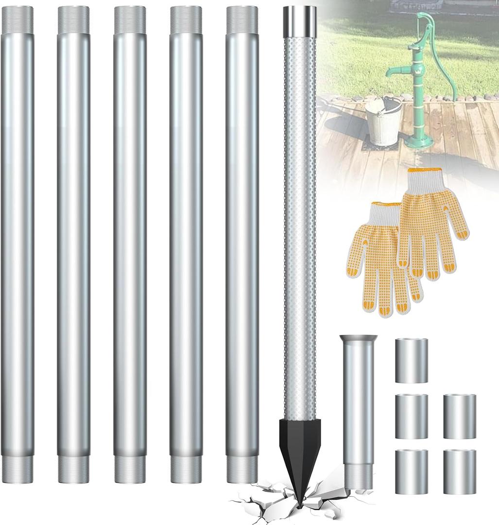 Well Drilling Kit, 1-1/4 Stainless Steel Well Drive Point for Soft Soil, 5x39" Galvanized Drive Point Pipes, Heavy Duty Sand Point Well Kits for Shallow Water, 36"Point 60 Mesh, for Garden, Farm, Lawn