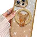BITOBE Designed for iPhone 16 Pro Max, Cute 3D Butterfly Case Slim Plating Glitter Bling Luxury Rhinestone Cover with Kickstand for Women Girls Protective Camera Protection Bumper 6.9" Gold