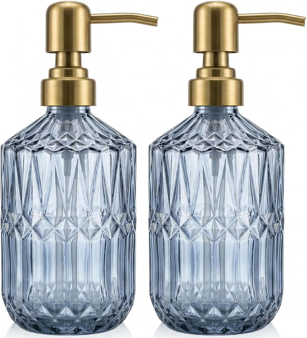 2-Pack Blue Soap Dispenser for Bathroom and Kitchen, Crystal Glass Hand Soap Dispenser with Metal Gold Pump, Countertop Soap Dispenser for Hand Soap, Dish Soap, Lotion, Body Wash (14 OZ)